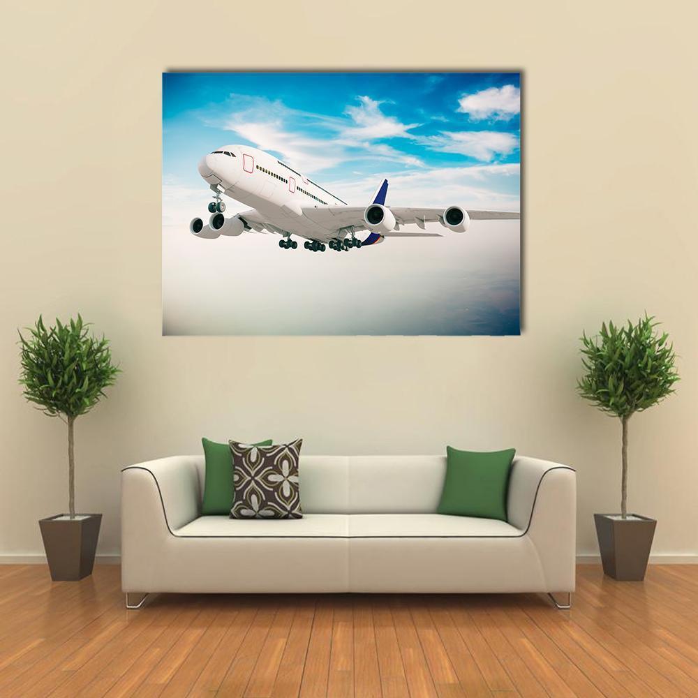 Airplane Against Blue Sky Canvas Wall Art-1 Piece-Gallery Wrap-48" x 32"-Tiaracle
