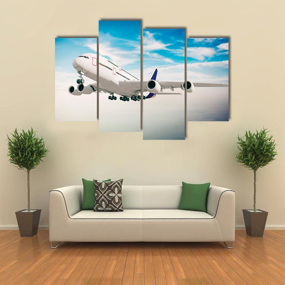 Airplane Against Blue Sky Canvas Wall Art-4 Pop-Gallery Wrap-50" x 32"-Tiaracle