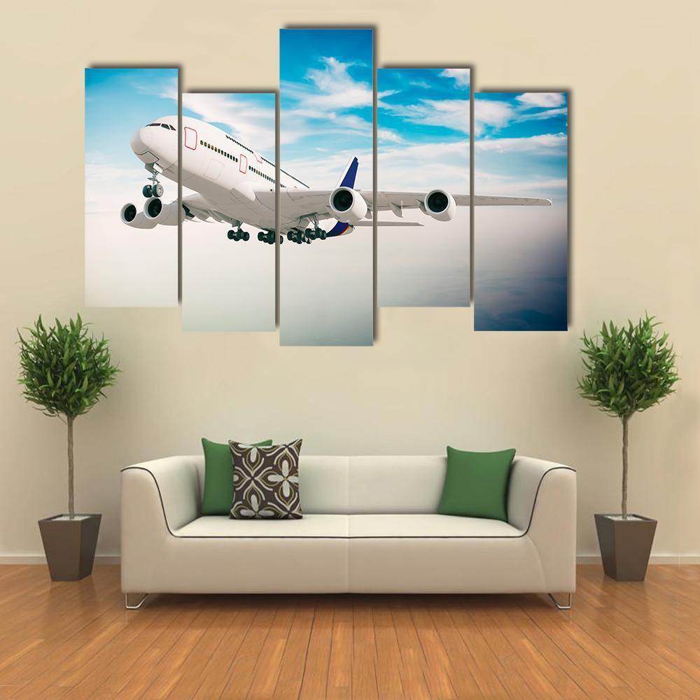 Airplane Against Blue Sky Canvas Wall Art-5 Pop-Gallery Wrap-47" x 32"-Tiaracle
