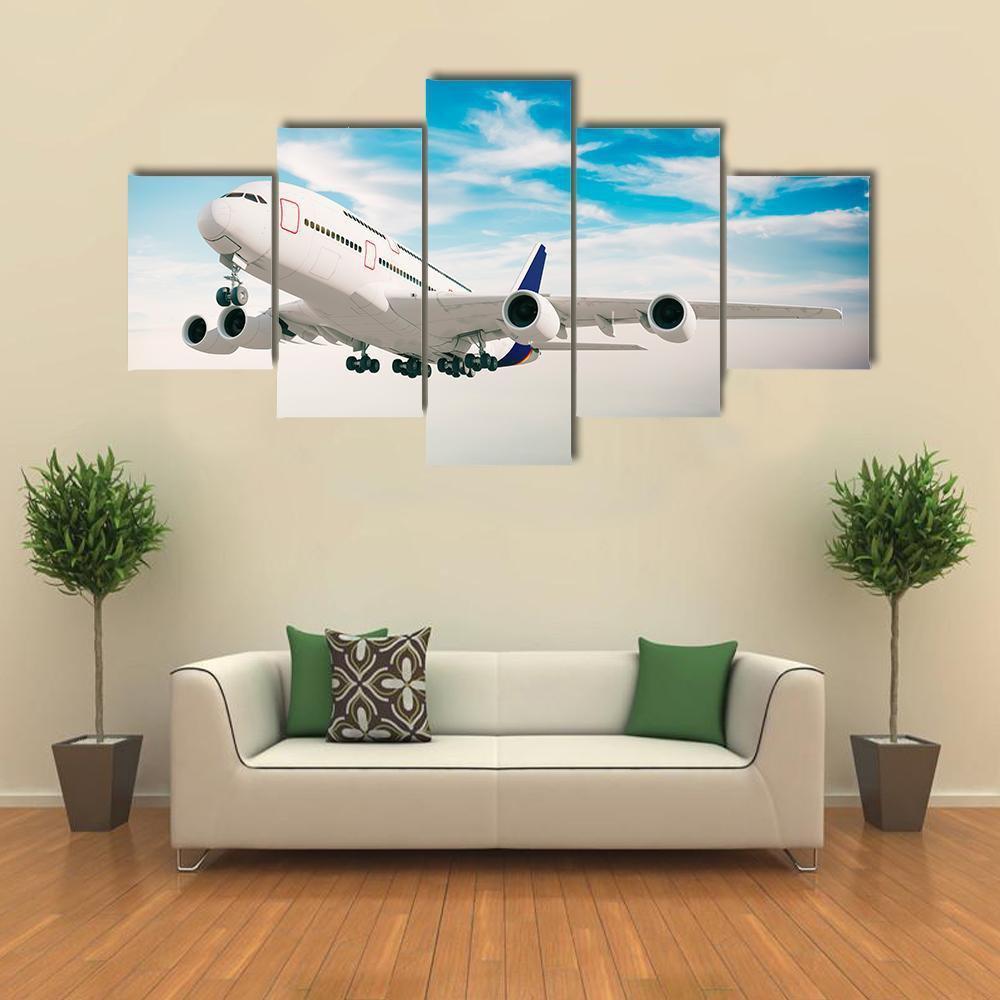 Airplane Against Blue Sky Canvas Wall Art-5 Star-Gallery Wrap-62" x 32"-Tiaracle