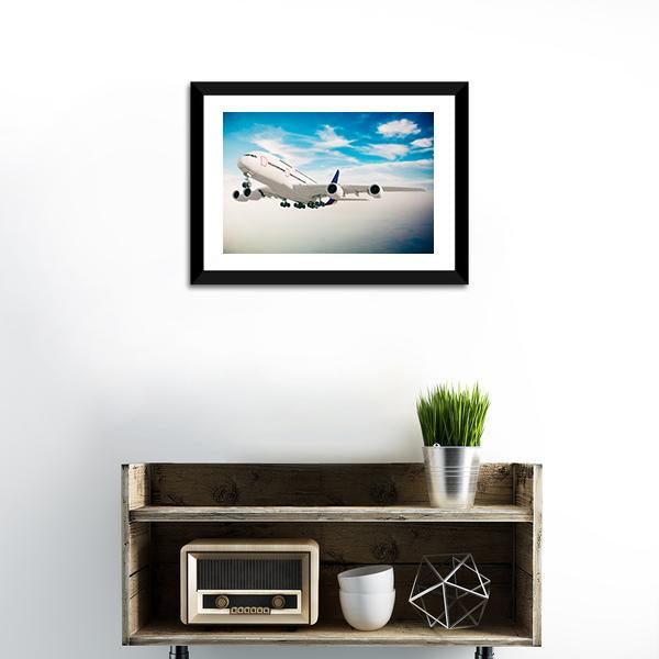 Airplane Against Blue Sky Canvas Wall Art-1 Piece-Framed Print-20" x 16"-Tiaracle