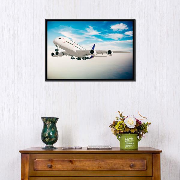 Airplane Against Blue Sky Canvas Wall Art-1 Piece-Floating Frame-24" x 16"-Tiaracle