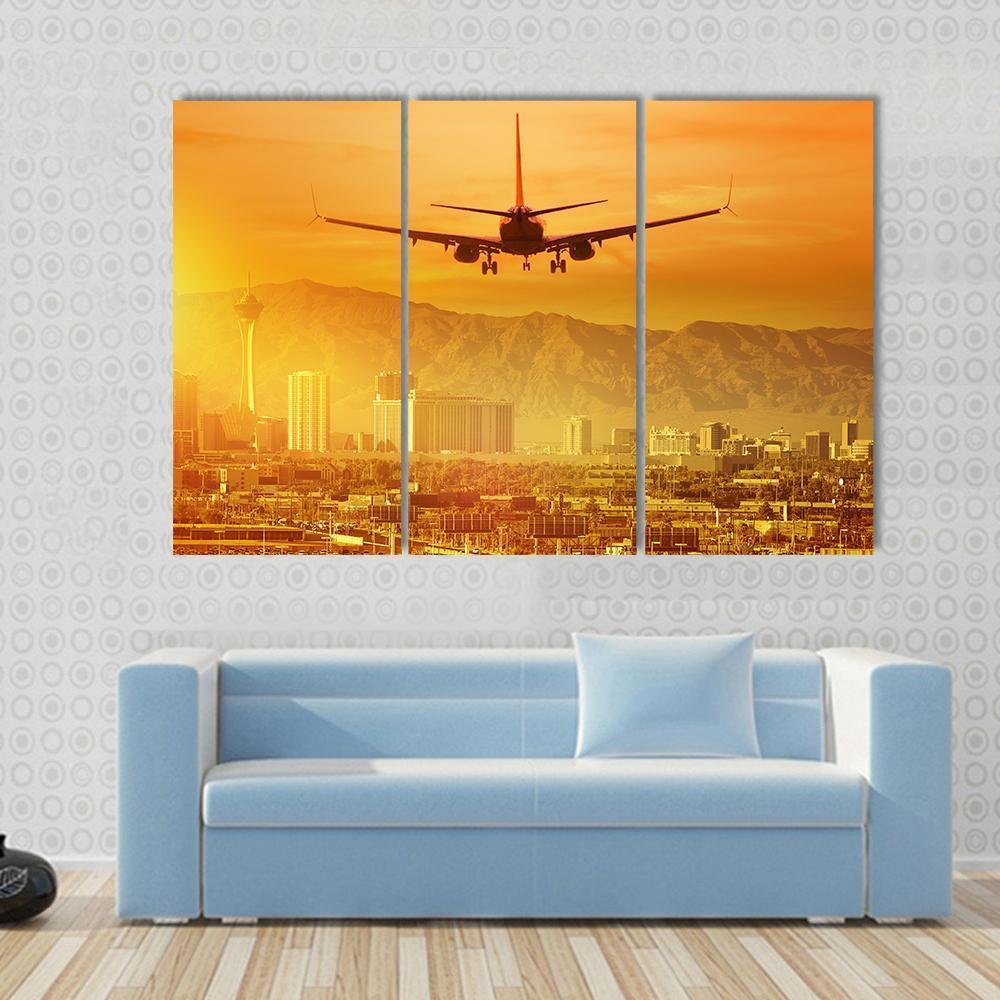 Airplane Flying Above City Canvas Wall Art-3 Horizontal-Gallery Wrap-37" x 24"-Tiaracle