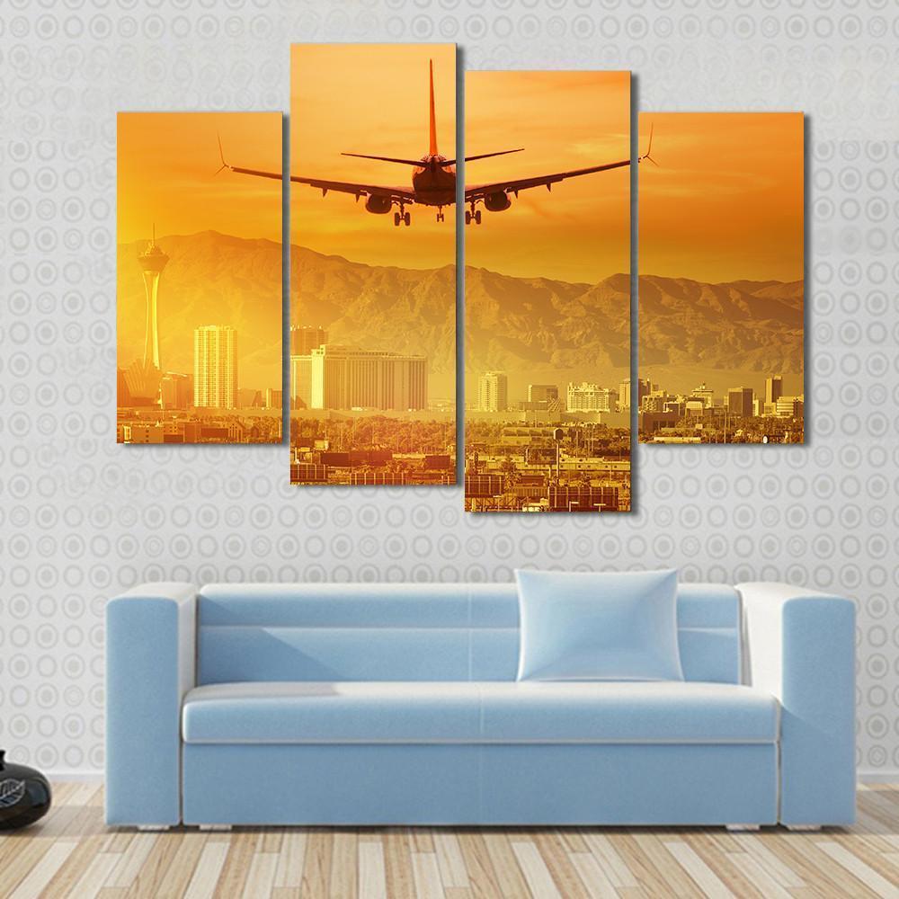 Airplane Flying Above City Canvas Wall Art-4 Pop-Gallery Wrap-50" x 32"-Tiaracle