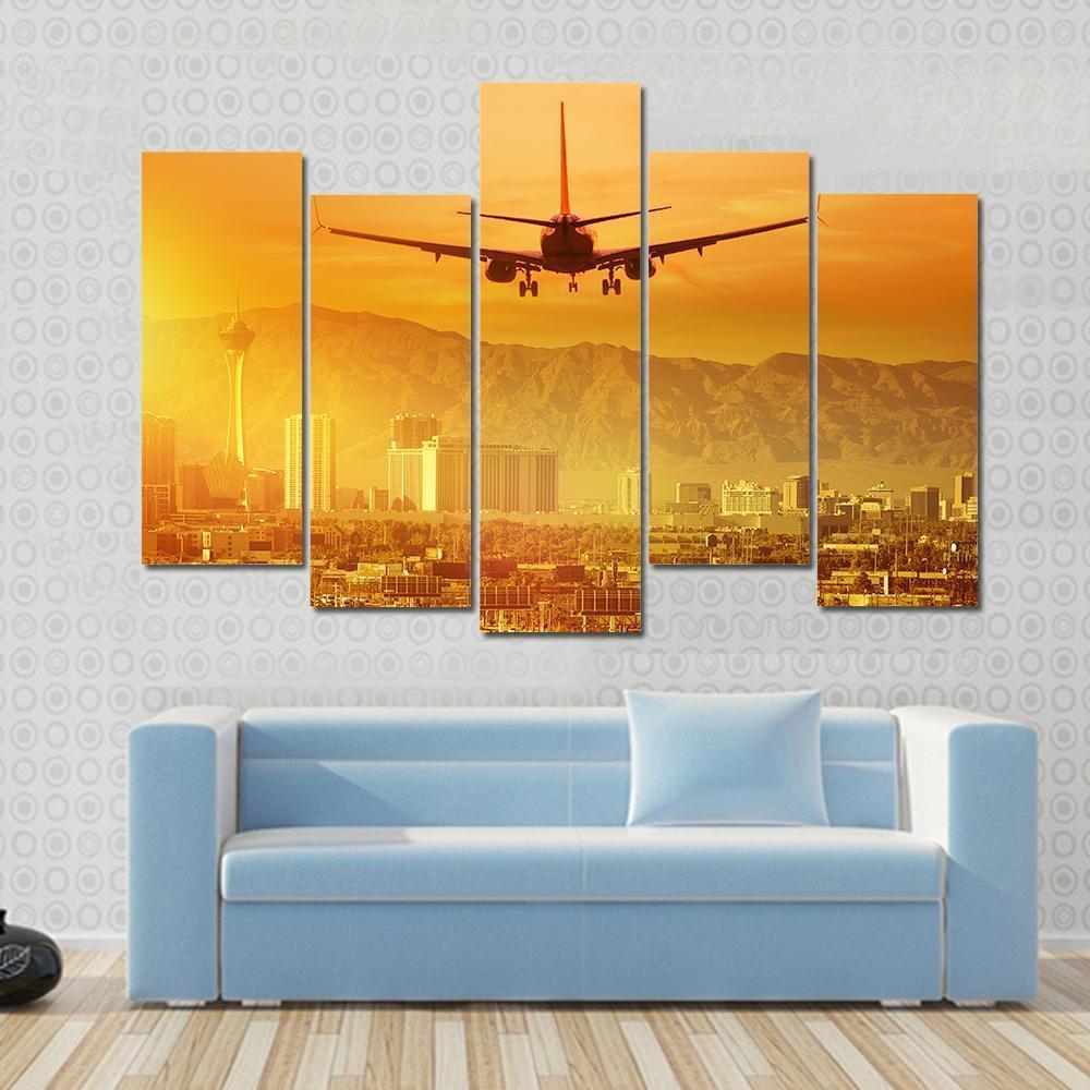 Airplane Flying Above City Canvas Wall Art-5 Pop-Gallery Wrap-47" x 32"-Tiaracle