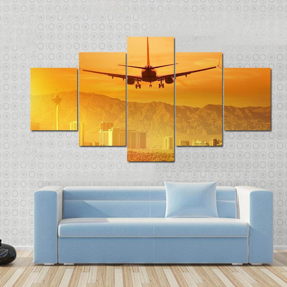 Airplane Flying Above City Canvas Wall Art-5 Star-Gallery Wrap-62" x 32"-Tiaracle