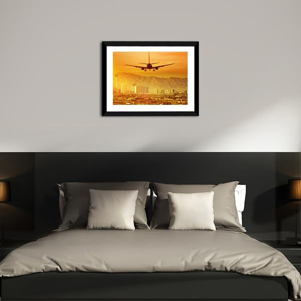 Airplane Flying Above City Canvas Wall Art-3 Horizontal-Gallery Wrap-25" x 16"-Tiaracle