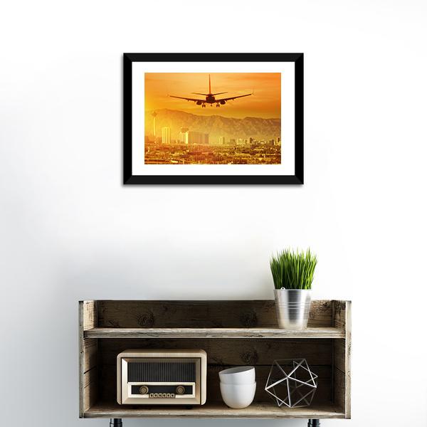 Airplane Flying Above City Canvas Wall Art-1 Piece-Framed Print-20" x 16"-Tiaracle