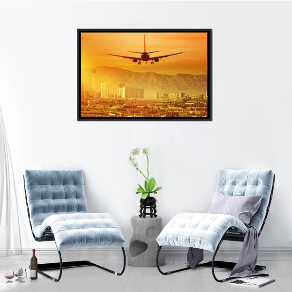 Airplane Flying Above City Canvas Wall Art-3 Horizontal-Gallery Wrap-25" x 16"-Tiaracle