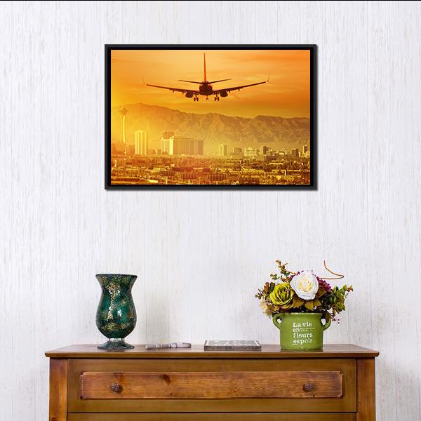 Airplane Flying Above City Canvas Wall Art-1 Piece-Floating Frame-24" x 16"-Tiaracle