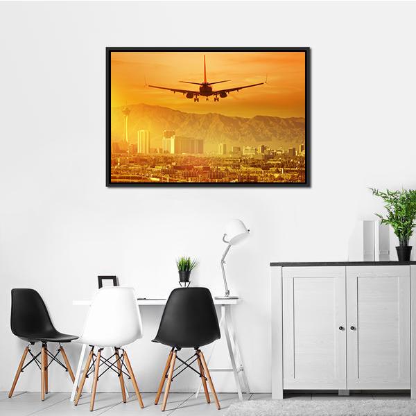 Airplane Flying Above City Canvas Wall Art-3 Horizontal-Gallery Wrap-25" x 16"-Tiaracle