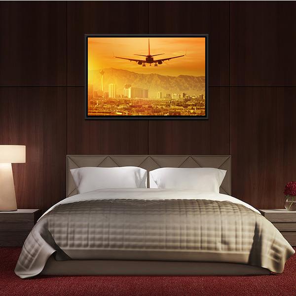 Airplane Flying Above City Canvas Wall Art-3 Horizontal-Gallery Wrap-25" x 16"-Tiaracle