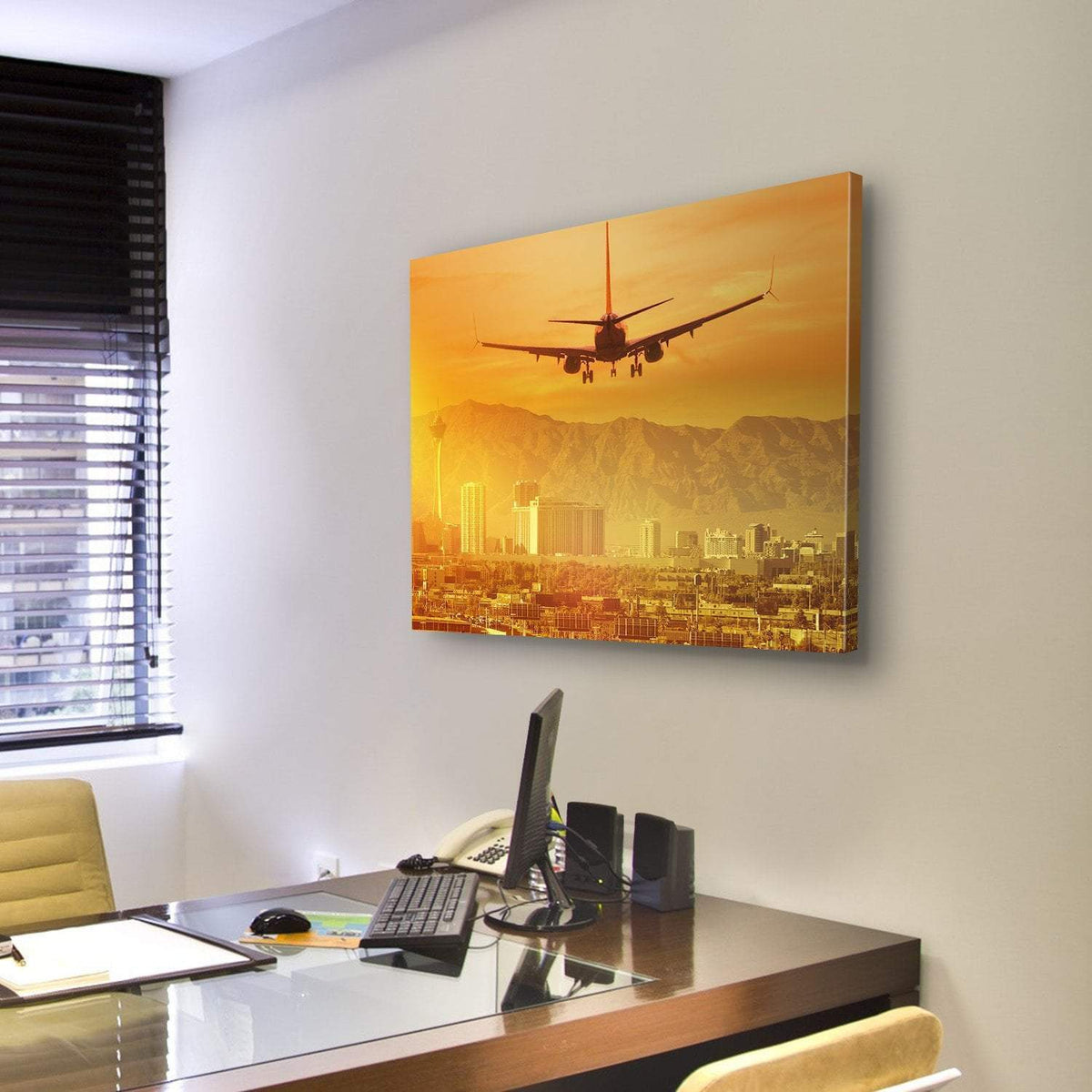 Airplane Flying Above City Canvas Wall Art-3 Horizontal-Gallery Wrap-25" x 16"-Tiaracle