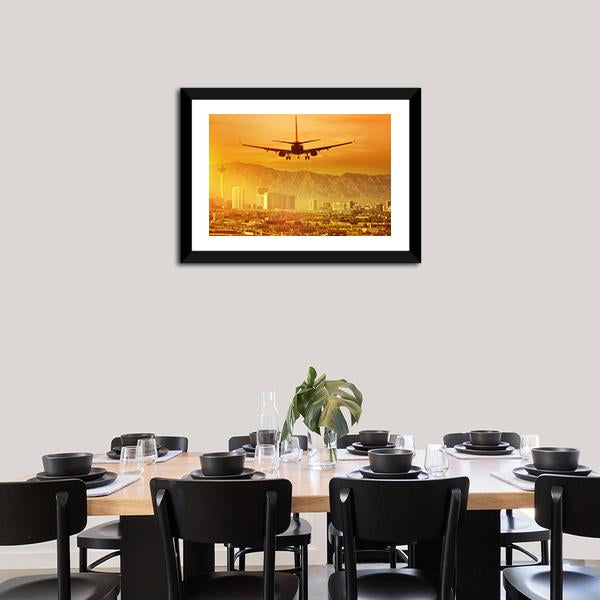 Airplane Flying Above City Canvas Wall Art-3 Horizontal-Gallery Wrap-25" x 16"-Tiaracle
