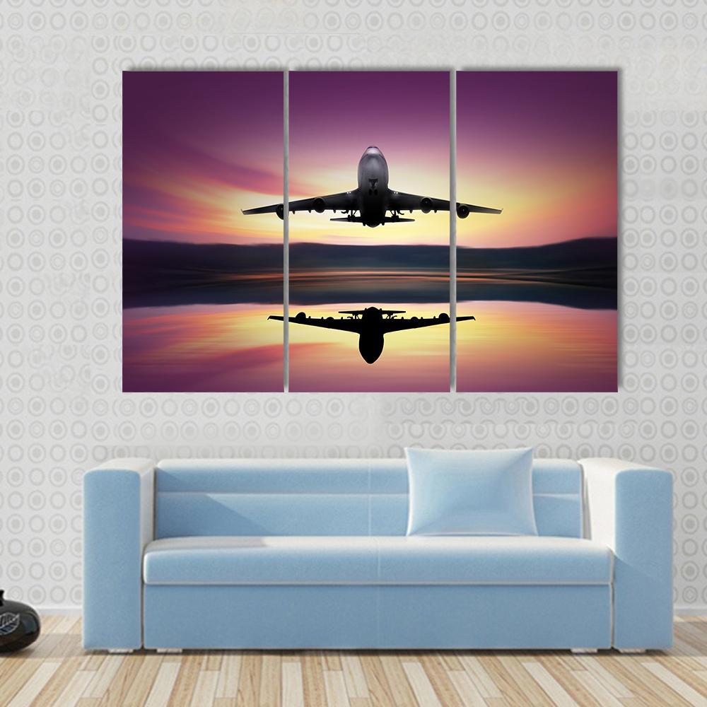 Airplane Flying Above Lake Canvas Wall Art-3 Horizontal-Gallery Wrap-37" x 24"-Tiaracle