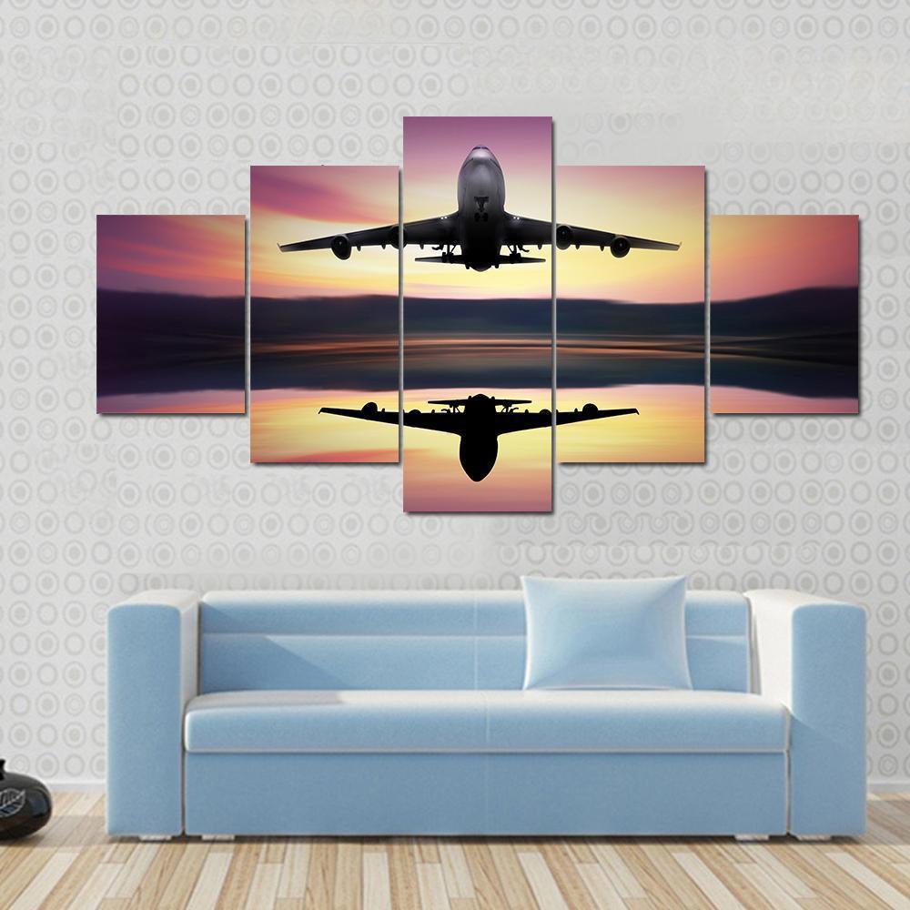 Airplane Flying Above Lake Canvas Wall Art-5 Star-Gallery Wrap-62" x 32"-Tiaracle