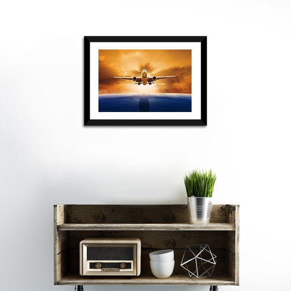 Airplane Flying Above Ocean Canvas Wall Art-1 Piece-Framed Print-20" x 16"-Tiaracle