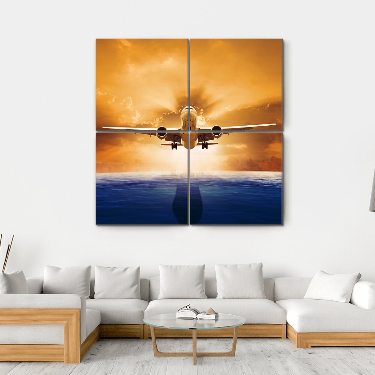 Airplane Flying Above Ocean Canvas Wall Art-4 Square-Gallery Wrap-17" x 17"-Tiaracle