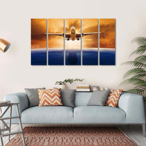 Airplane Flying Above Ocean Canvas Wall Art-5 Horizontal-Gallery Wrap-22" x 12"-Tiaracle