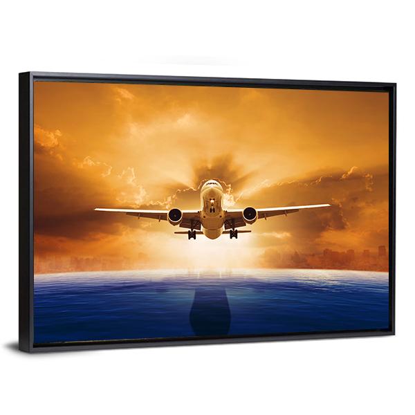 Airplane Flying Above Ocean Canvas Wall Art-5 Horizontal-Gallery Wrap-22" x 12"-Tiaracle