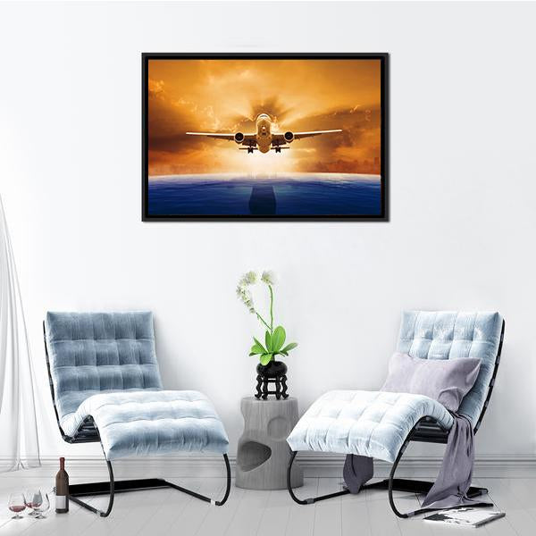 Airplane Flying Above Ocean Canvas Wall Art-5 Horizontal-Gallery Wrap-22" x 12"-Tiaracle