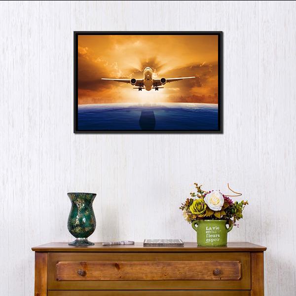 Airplane Flying Above Ocean Canvas Wall Art-5 Horizontal-Gallery Wrap-22" x 12"-Tiaracle