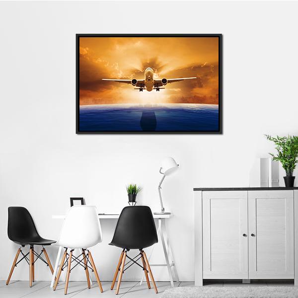 Airplane Flying Above Ocean Canvas Wall Art-3 Horizontal-Gallery Wrap-25" x 16"-Tiaracle