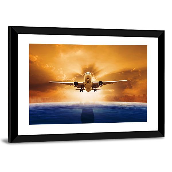 Airplane Flying Above Ocean Canvas Wall Art-5 Horizontal-Gallery Wrap-22" x 12"-Tiaracle