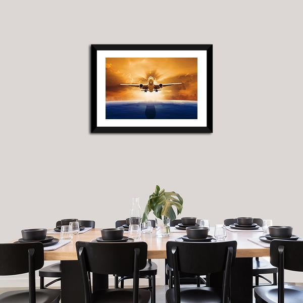 Airplane Flying Above Ocean Canvas Wall Art-5 Horizontal-Gallery Wrap-22" x 12"-Tiaracle