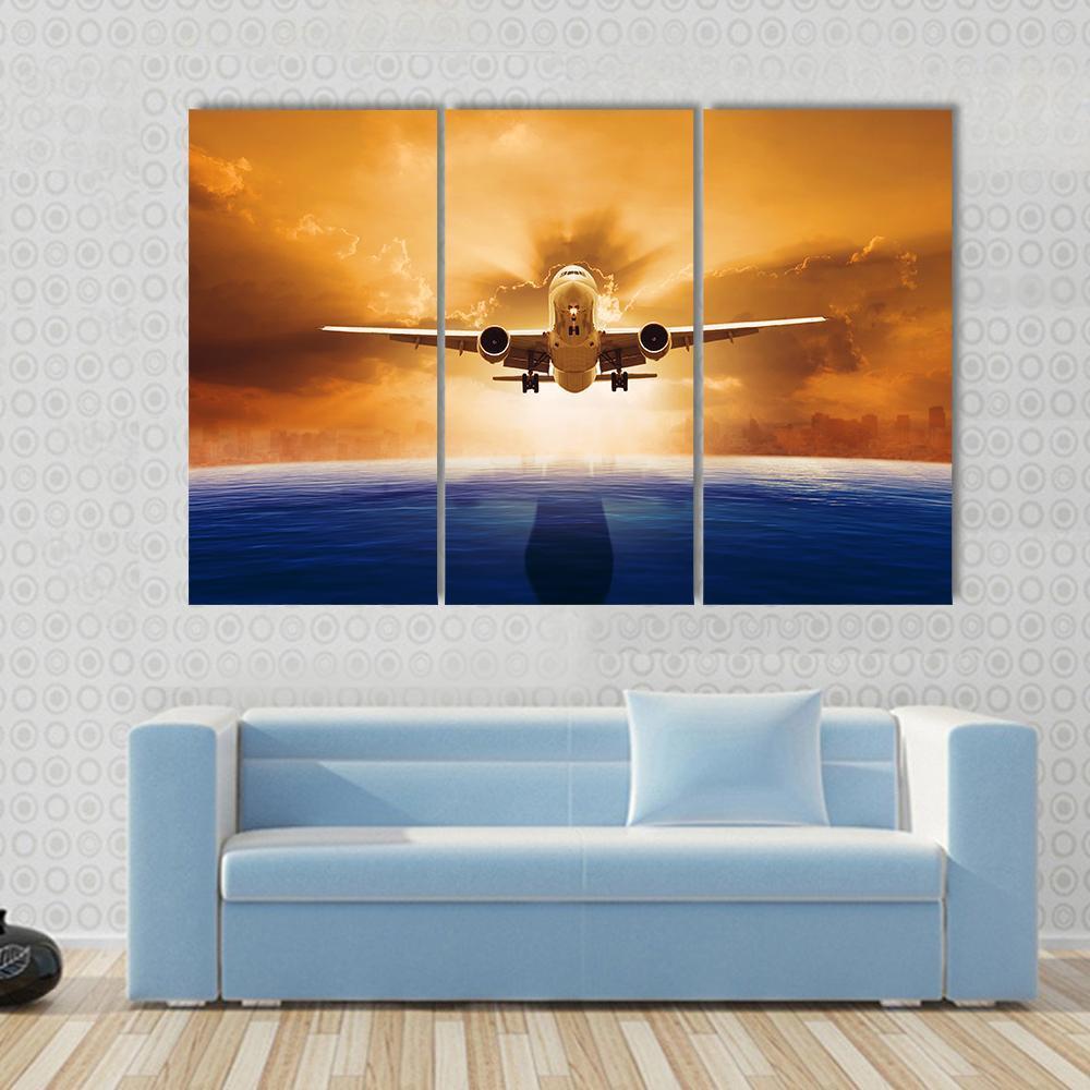 Airplane Flying Above Ocean Canvas Wall Art-3 Horizontal-Gallery Wrap-37" x 24"-Tiaracle