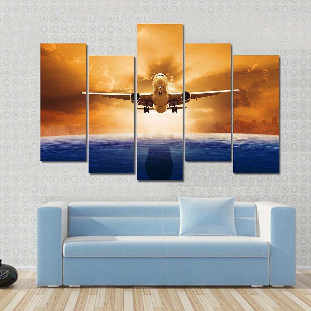 Airplane Flying Above Ocean Canvas Wall Art-5 Pop-Gallery Wrap-47" x 32"-Tiaracle