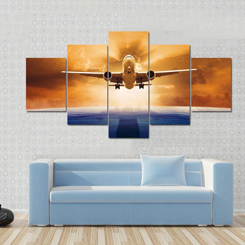 Airplane Flying Above Ocean Canvas Wall Art-5 Star-Gallery Wrap-62" x 32"-Tiaracle