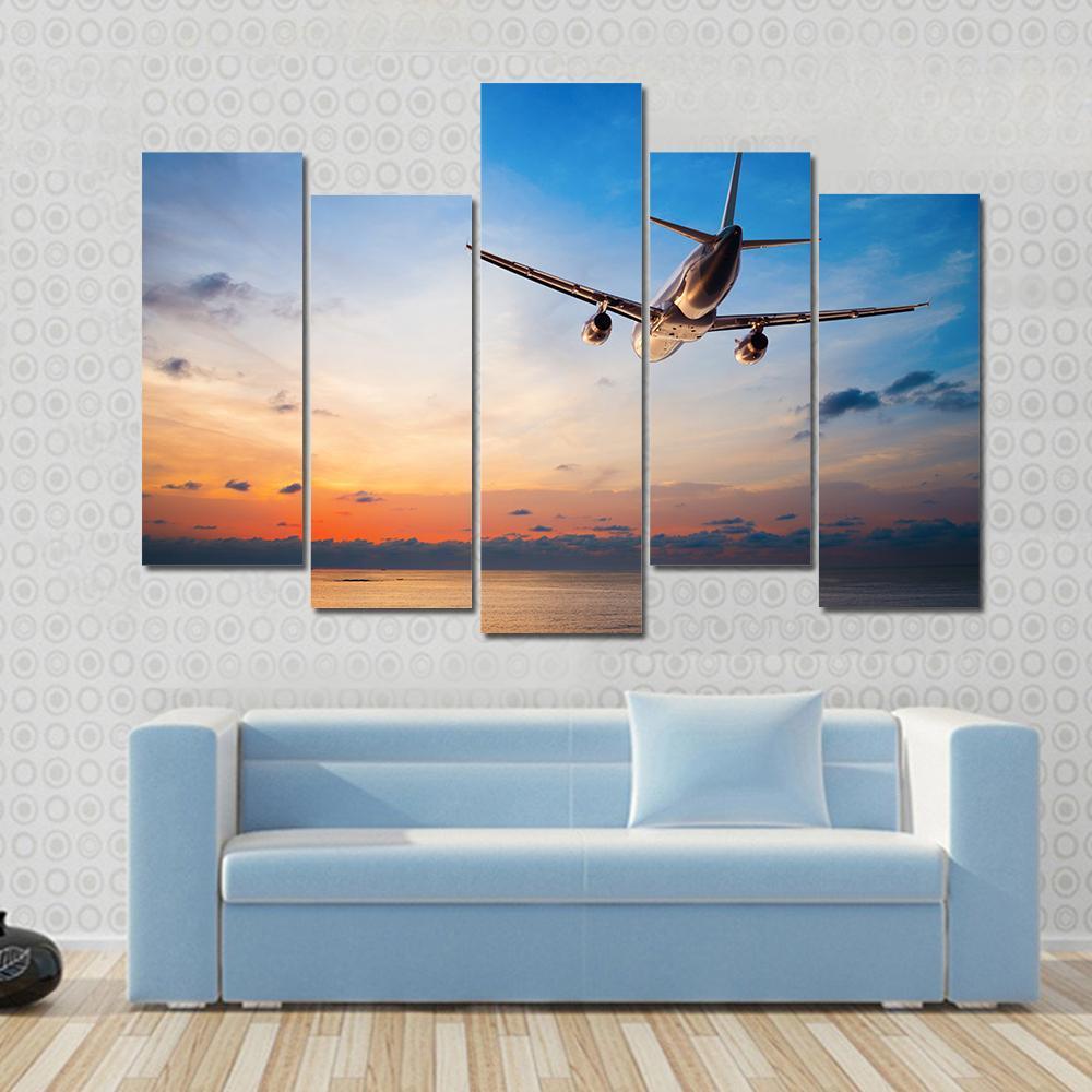 Airplane Flying Above Tropical Sea Canvas Wall Art-5 Pop-Gallery Wrap-47" x 32"-Tiaracle