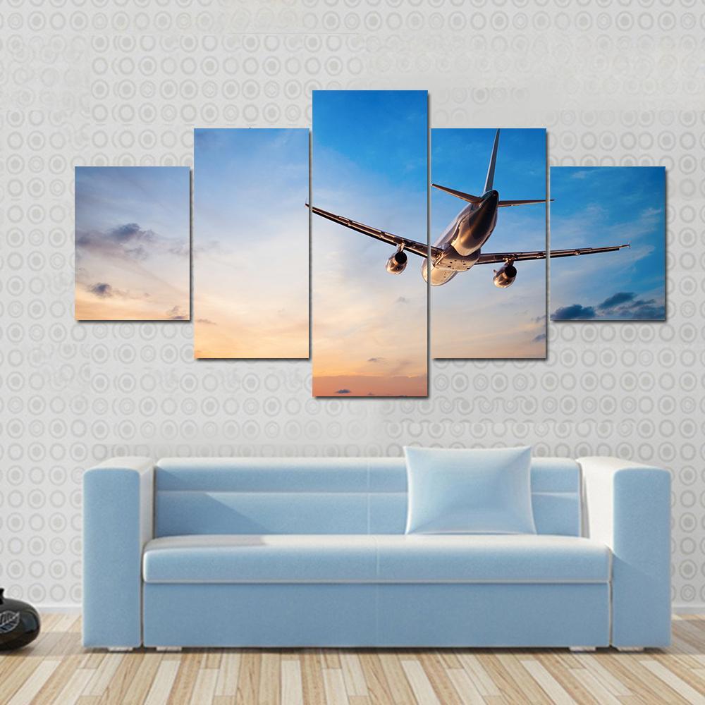 Airplane Flying Above Tropical Sea Canvas Wall Art-5 Star-Gallery Wrap-62" x 32"-Tiaracle