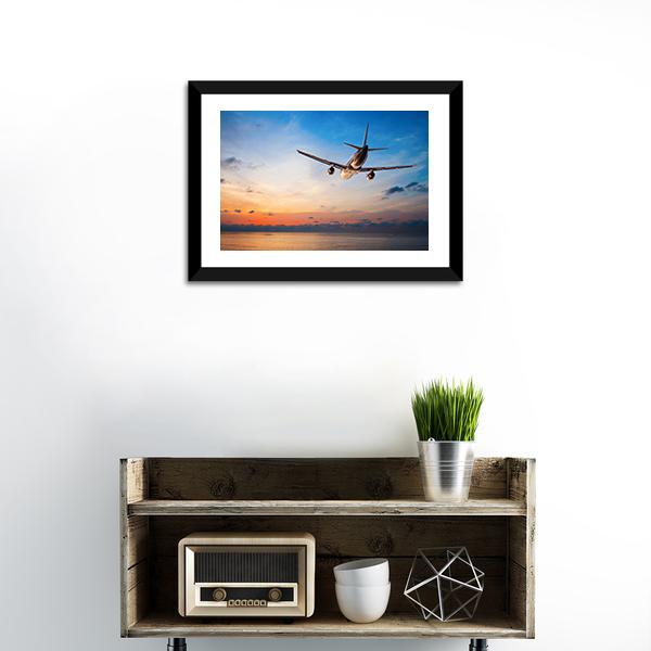 Airplane Flying Above Tropical Sea Canvas Wall Art-1 Piece-Framed Print-20" x 16"-Tiaracle