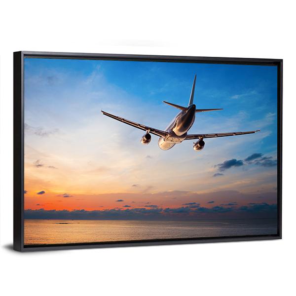 Airplane Flying Above Tropical Sea Canvas Wall Art-3 Horizontal-Gallery Wrap-25" x 16"-Tiaracle