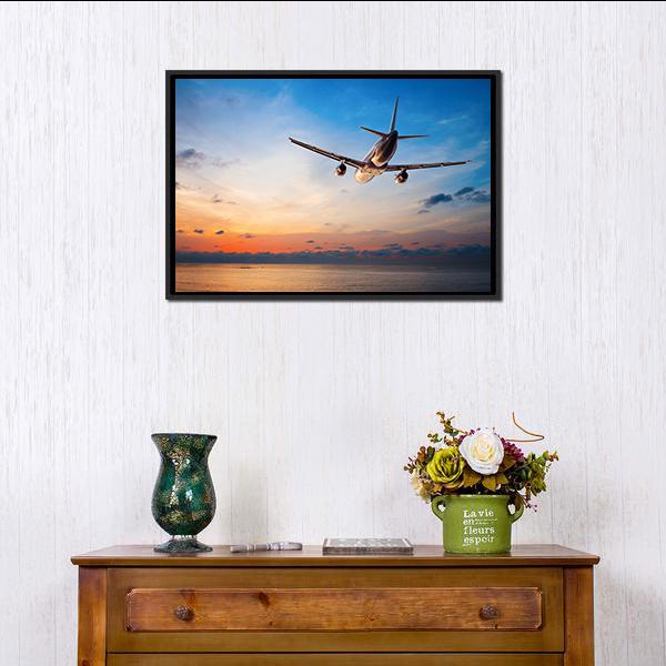 Airplane Flying Above Tropical Sea Canvas Wall Art-1 Piece-Floating Frame-24" x 16"-Tiaracle