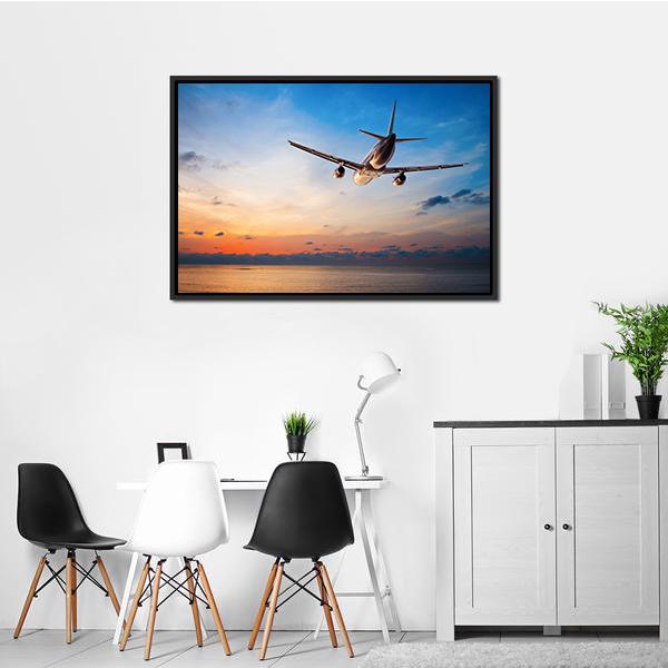 Airplane Flying Above Tropical Sea Canvas Wall Art-3 Horizontal-Gallery Wrap-25" x 16"-Tiaracle