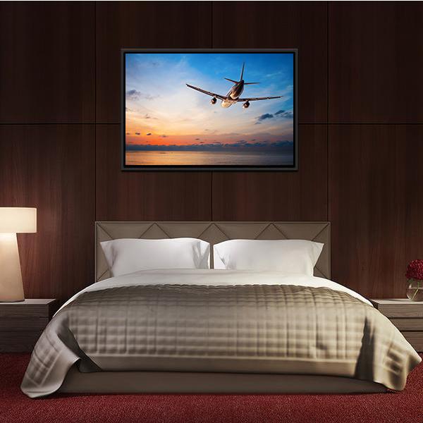 Airplane Flying Above Tropical Sea Canvas Wall Art-3 Horizontal-Gallery Wrap-25" x 16"-Tiaracle