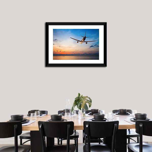 Airplane Flying Above Tropical Sea Canvas Wall Art-3 Horizontal-Gallery Wrap-25" x 16"-Tiaracle
