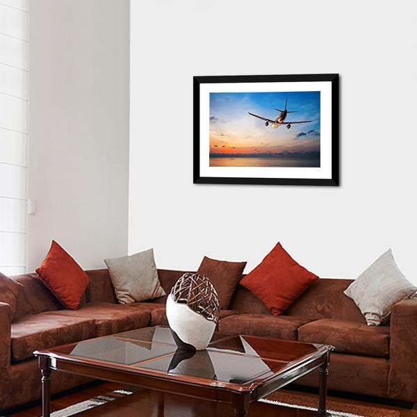 Airplane Flying Above Tropical Sea Canvas Wall Art-3 Horizontal-Gallery Wrap-25" x 16"-Tiaracle
