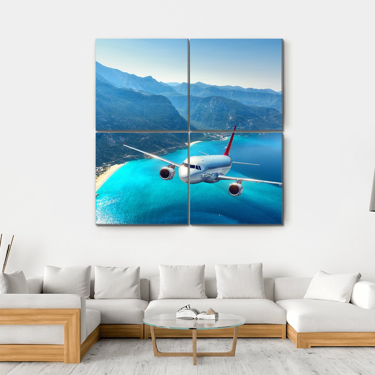 Airplane Flying Over Sea Canvas Wall Art-4 Square-Gallery Wrap-17" x 17"-Tiaracle