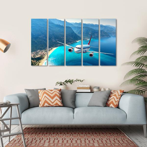 Airplane Flying Over Sea Canvas Wall Art-5 Horizontal-Gallery Wrap-22" x 12"-Tiaracle