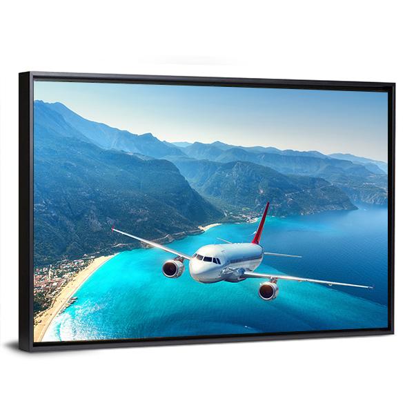 Airplane Flying Over Sea Canvas Wall Art-5 Horizontal-Gallery Wrap-22" x 12"-Tiaracle