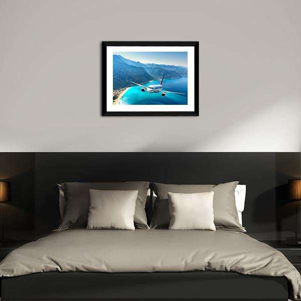 Airplane Flying Over Sea Canvas Wall Art-5 Horizontal-Gallery Wrap-22" x 12"-Tiaracle
