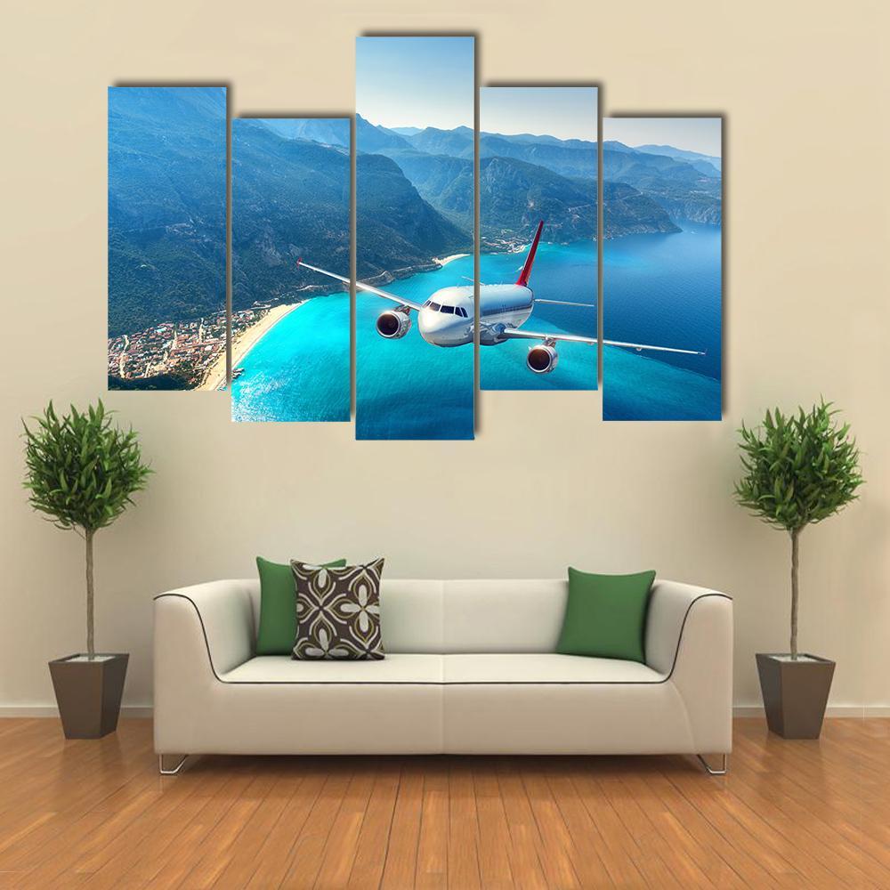 Airplane Flying Over Sea Canvas Wall Art-5 Pop-Gallery Wrap-47&quot; x 32&quot;-Tiaracle