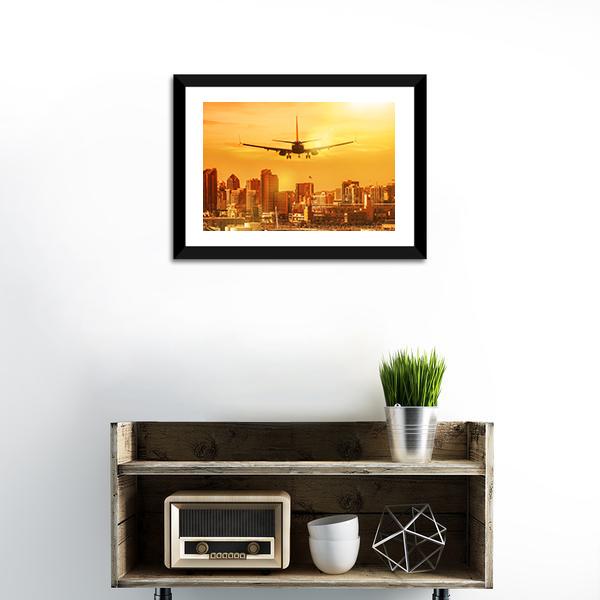 Airplane Flying Towards Big City Canvas Wall Art-1 Piece-Framed Print-20&quot; x 16&quot;-Tiaracle