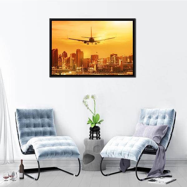 Airplane Flying Towards Big City Canvas Wall Art-3 Horizontal-Gallery Wrap-25&quot; x 16&quot;-Tiaracle