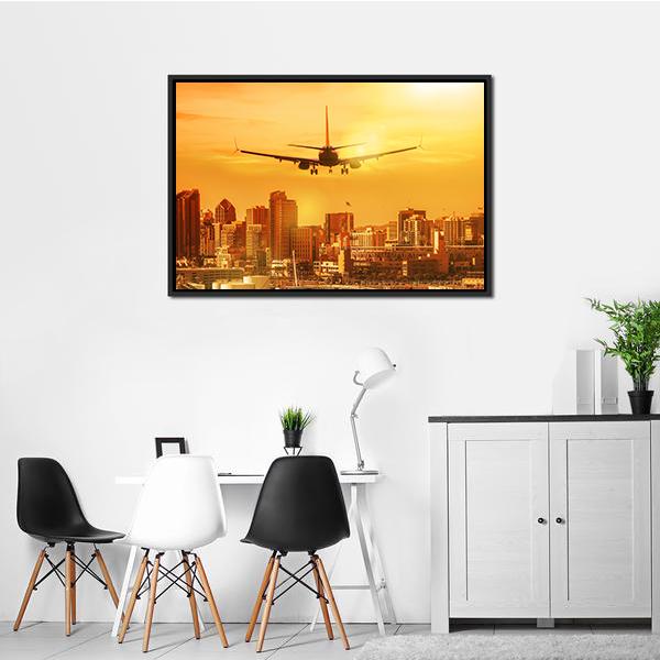 Airplane Flying Towards Big City Canvas Wall Art-3 Horizontal-Gallery Wrap-25&quot; x 16&quot;-Tiaracle