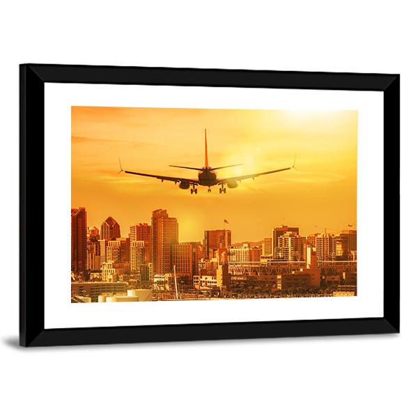 Airplane Flying Towards Big City Canvas Wall Art-3 Horizontal-Gallery Wrap-25" x 16"-Tiaracle